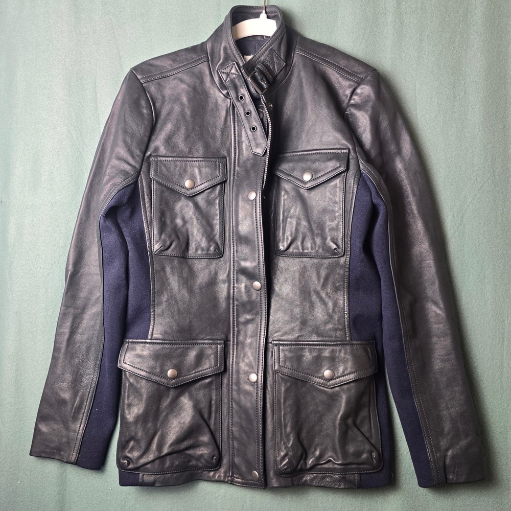 GAP Womens Navy Blue Genuine Lamb Leather Mixed Media Utility Field Jacket Small